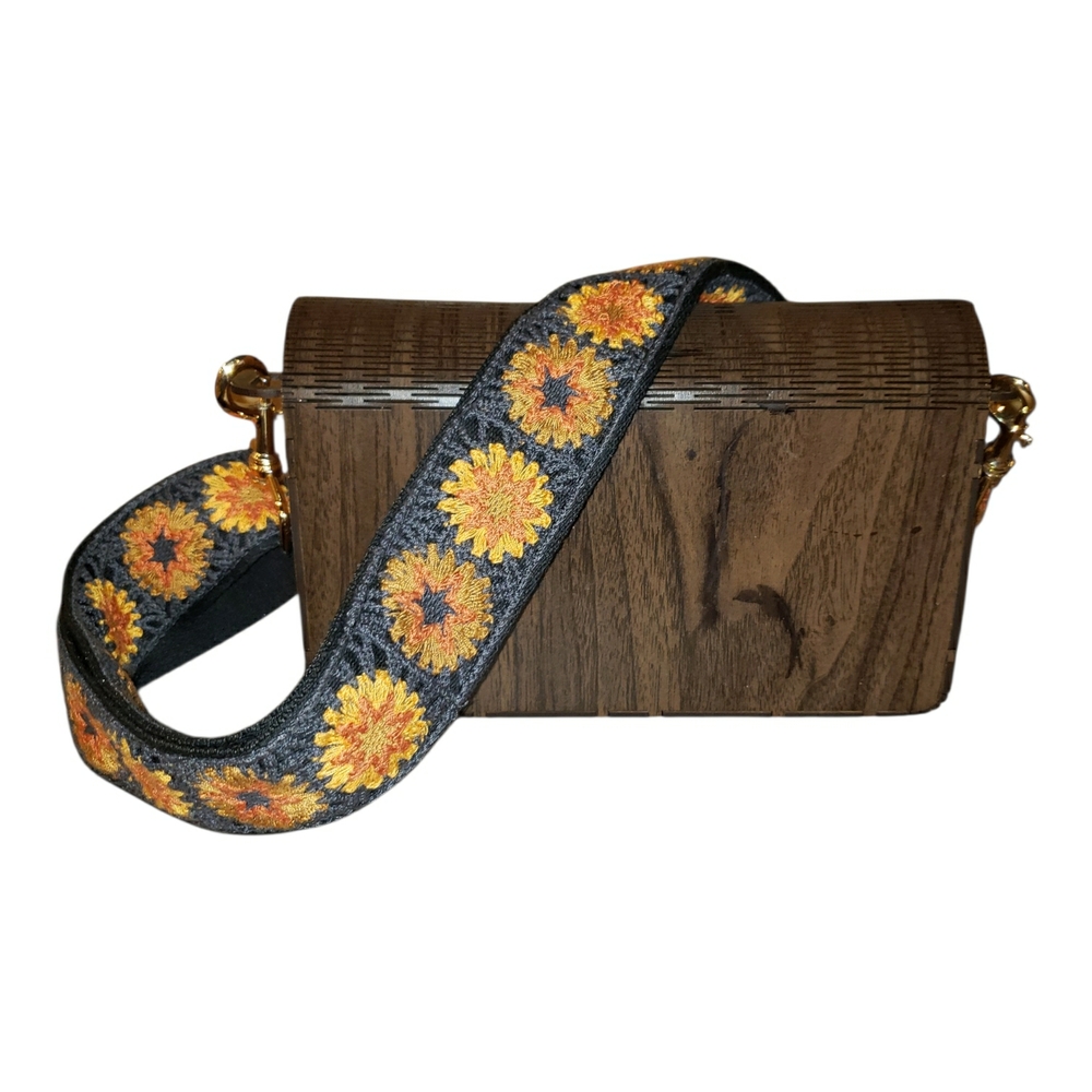 NEW! Hand Crafted Wooden Cat & Butterfly Purse w/Sunflower Embroidered Strap - Picture 9 of 11
